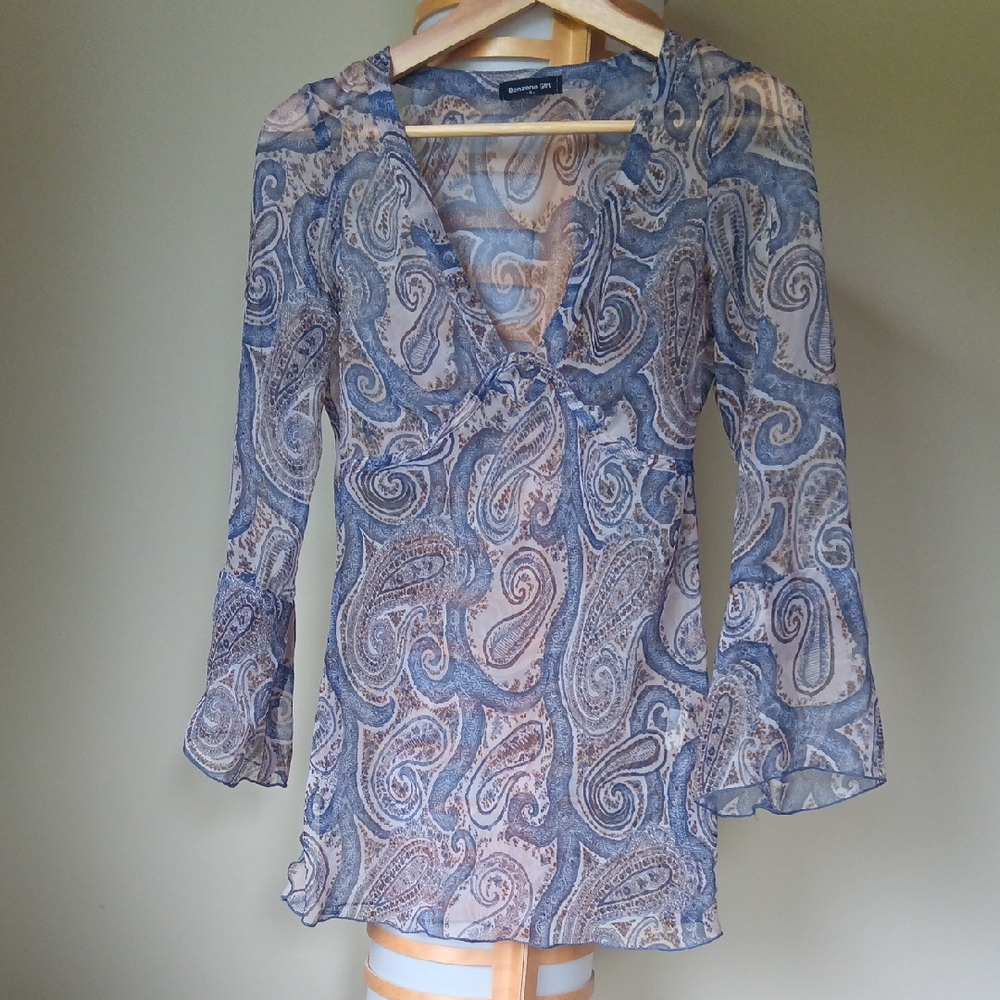 Ptp17" Boho Paisley Sheer Top With Flare Bell Sleeves In Tan/Greyish Blue